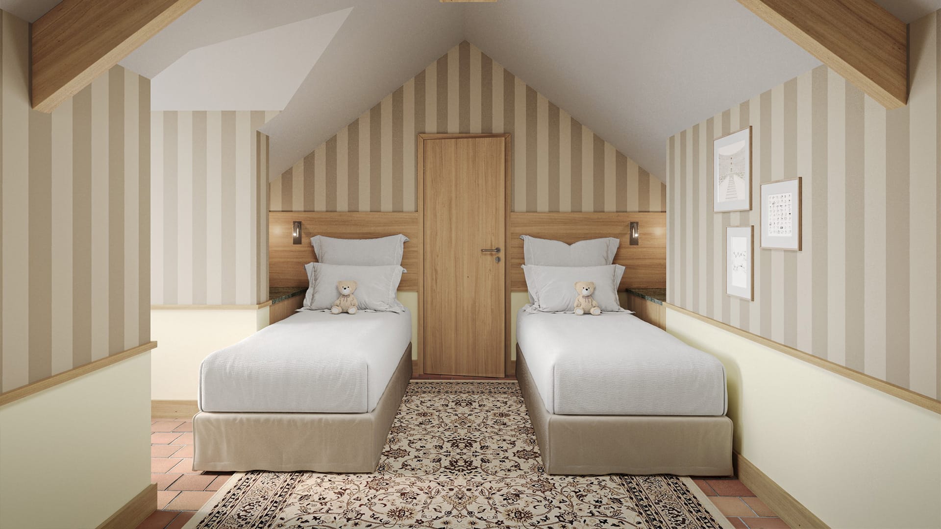 Chambre mansardée avec deux lits simples et peluches, Hôtel dans le Lot, Maison Borrèze.