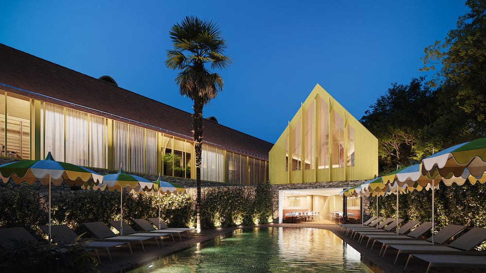 Hôtel moderne avec piscine éclairée, ciel nocturne, Hôtel près de Sarlat avec Piscine, Maison Borrèze.