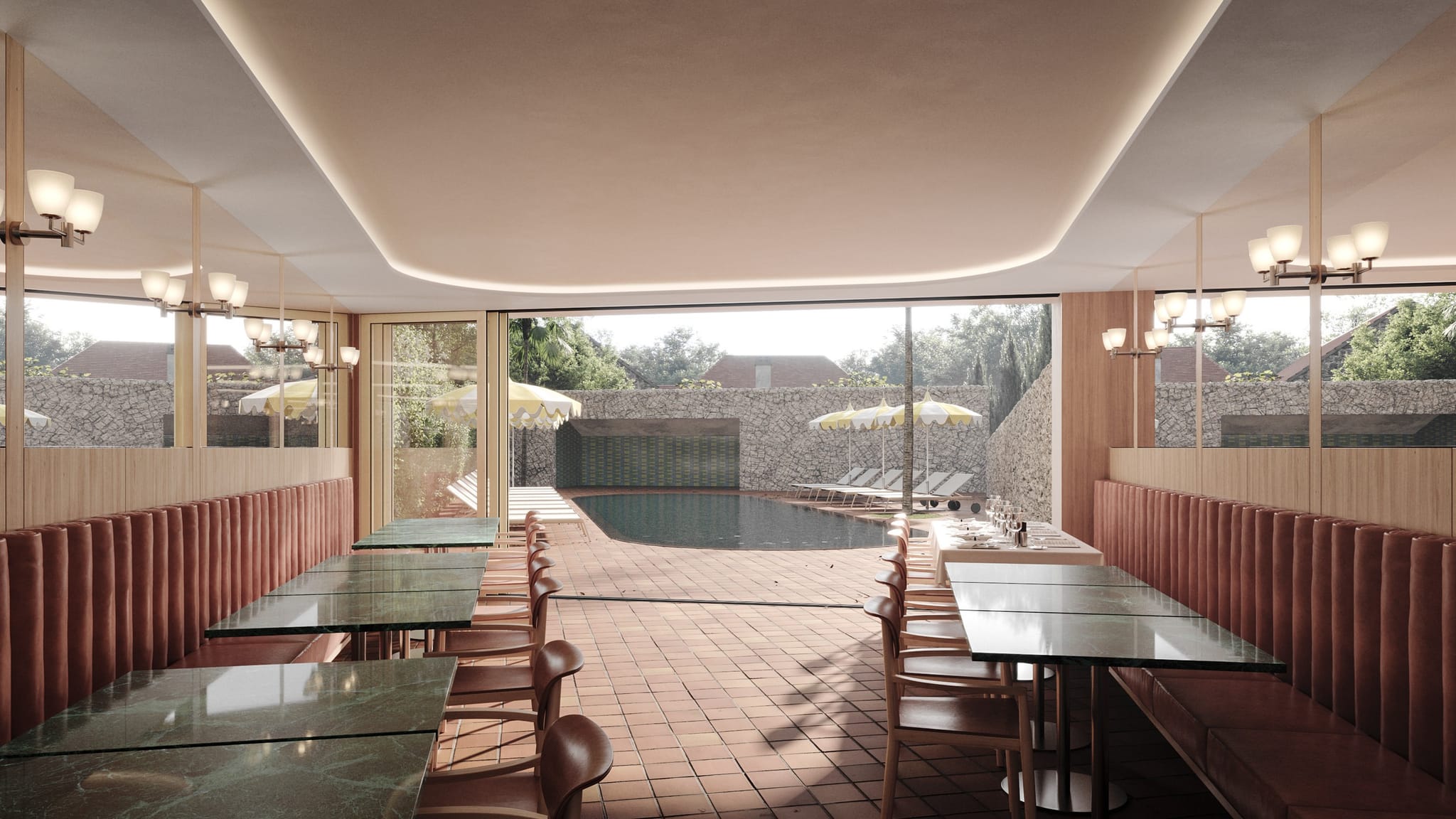 Restaurant moderne avec vue piscine, Hôtel de charme dans le Lot, Maison Borrèze