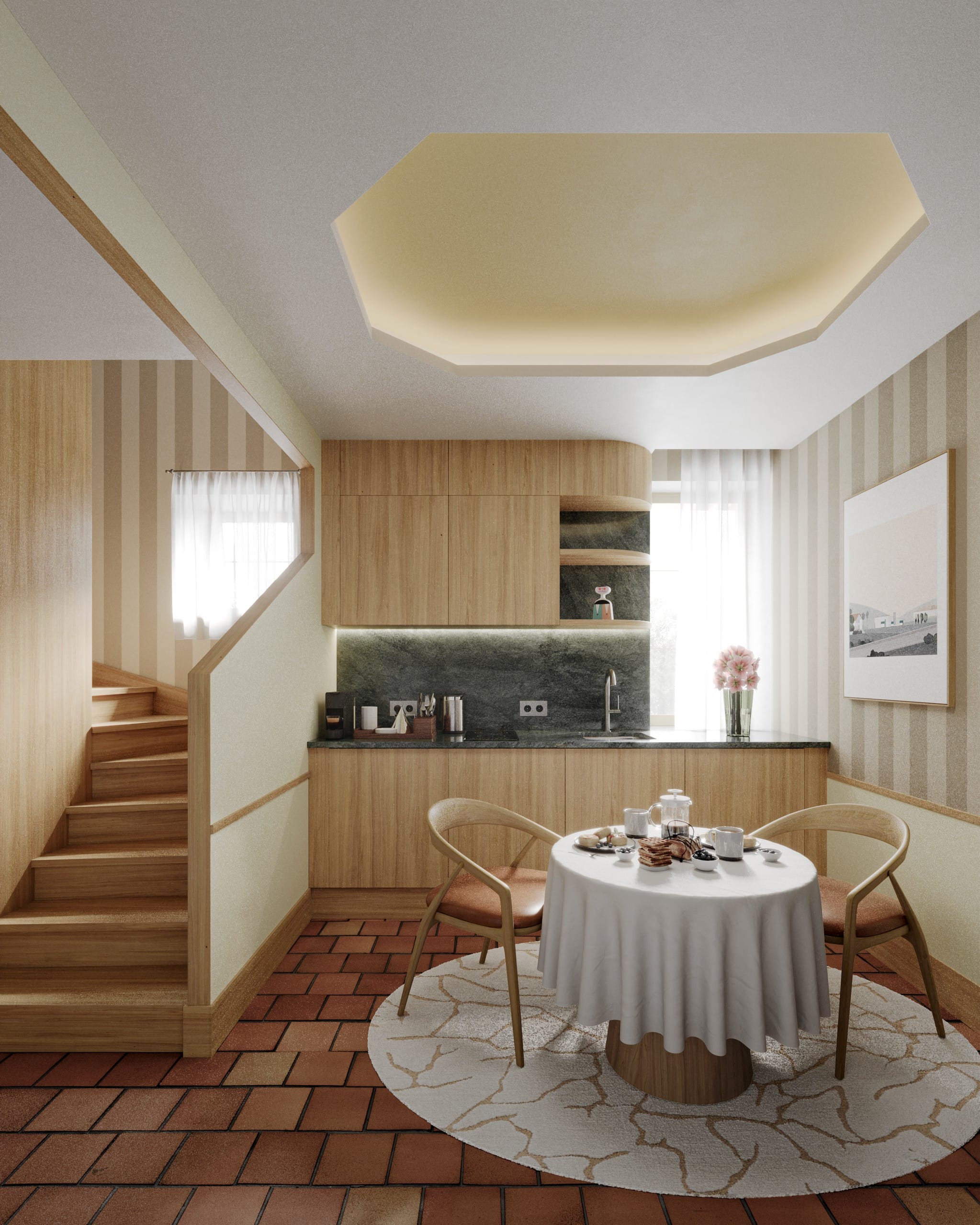 Cuisine moderne avec table ronde et chaises en bois, Hôtel dans le Lot, Maison Borrèze.