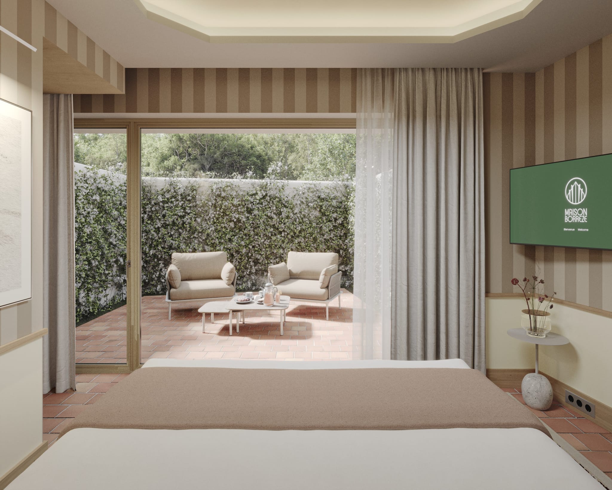 Chambre moderne avec terrasse et mobilier extérieur, Hôtel dans le Lot, Maison Borrèze.