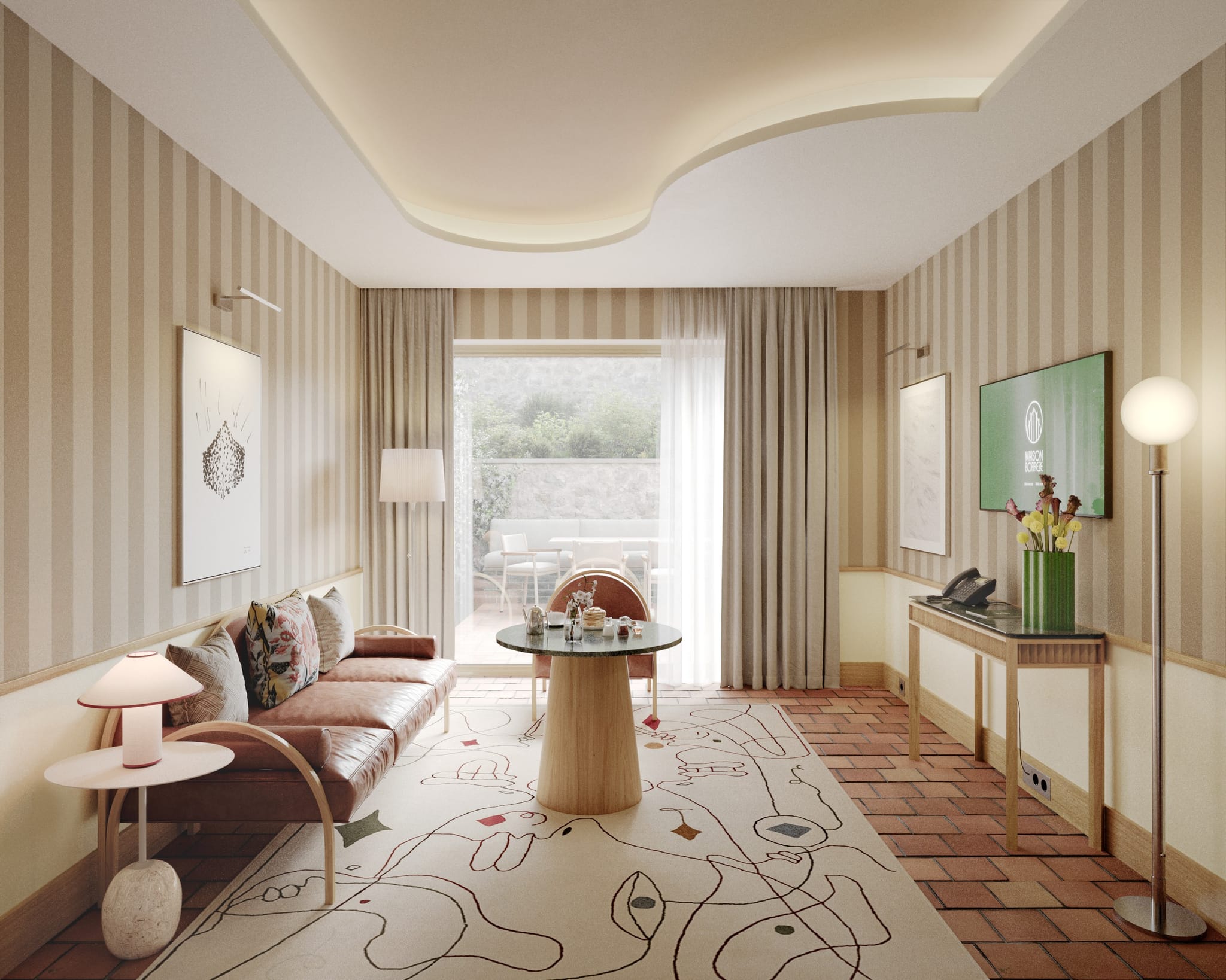 Salon moderne avec décoration élégante et fenêtres lumineuses, Hôtel dans le Lot, Maison Borrèze.