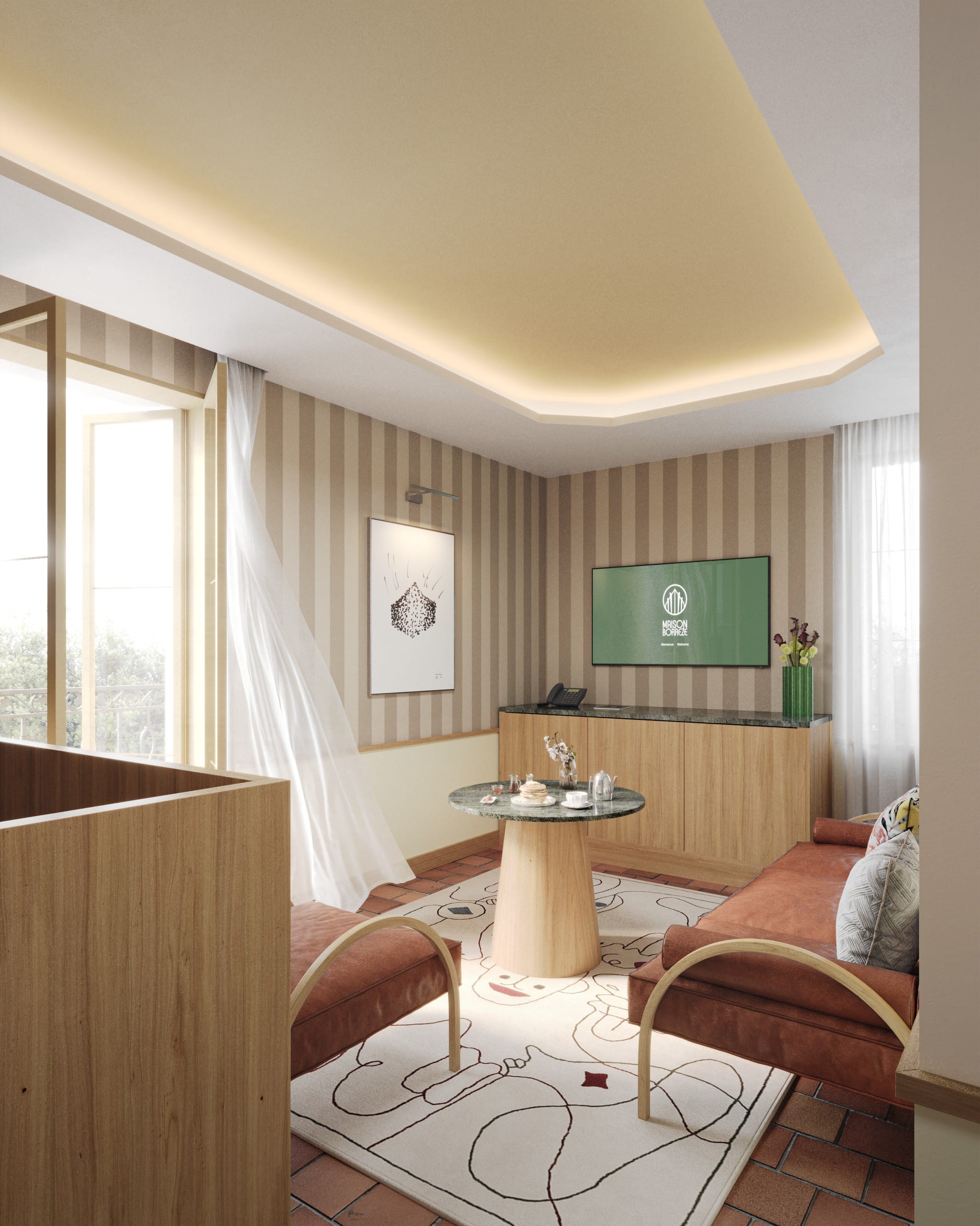 Salon élégant avec canapé et table en bois, Hôtel dans le Lot, Maison Borrèze.